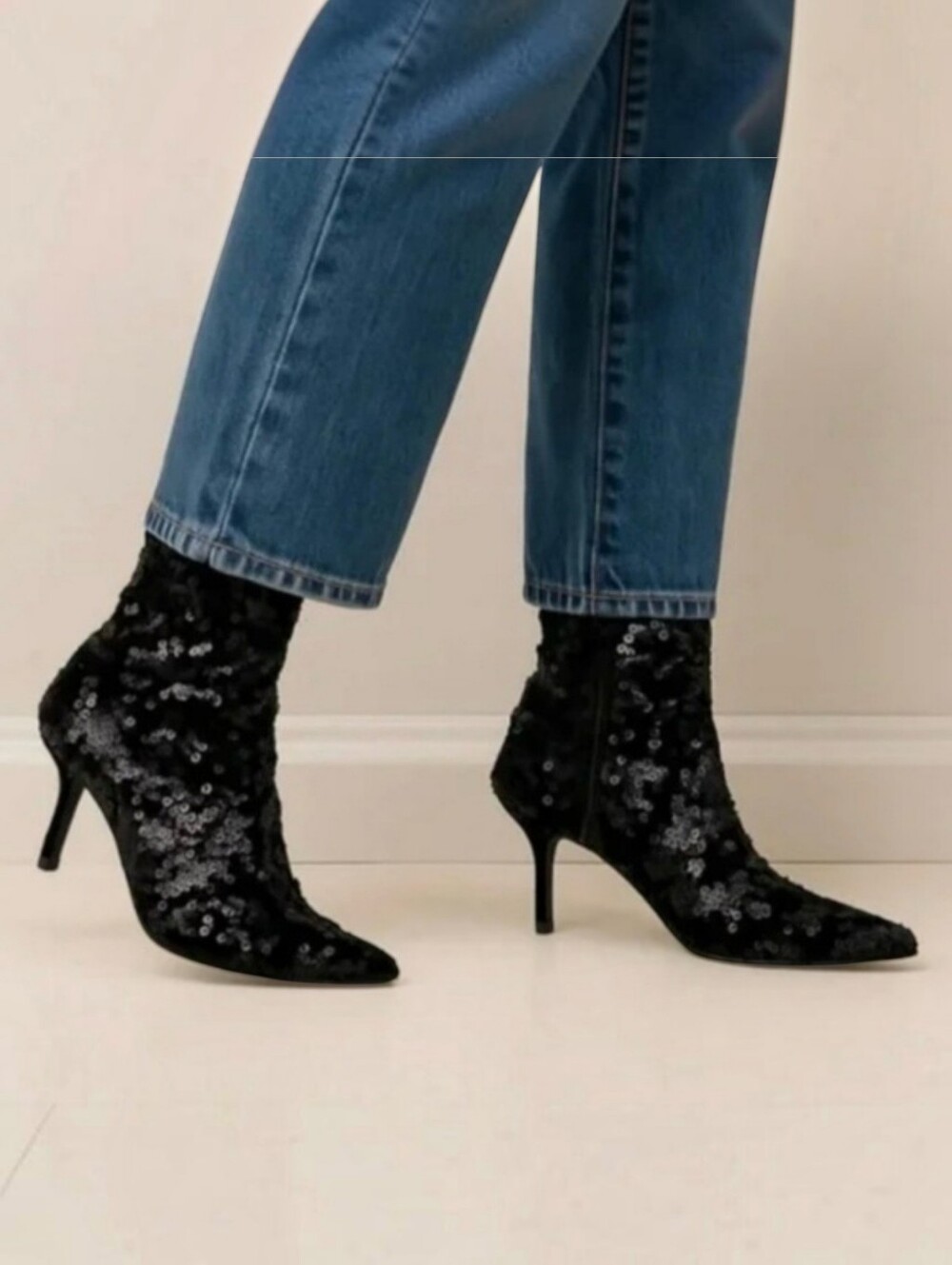 ZARA Black Sequin and Velvet Sock Ankle Boot Women Size EU 39